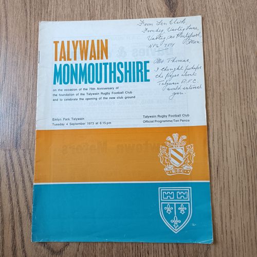 Talywain v Monmouthshire Sept 1973 Rugby Programme